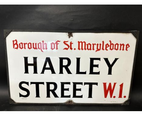 An early Borough of St. Marylebone HARLEY STREET W.1. enamel road sign within original copper frame, 30 x 18".