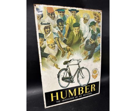 A  Humber 'The Aristocrat of all Bicycles' pictorial tin advertising sign depicting a Humber bicycle with Dunlop Roadster tyr