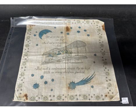 A silk scarf/handkerchief with central image of children on a bi-plane excursion, 'Round the Moon &amp; Back for 1/6', suppor