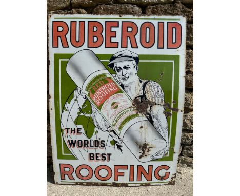 A Ruberoid 'The World's Best Roofing' pictorial enamel advertising sign depicting a roofer stood in front of a globe holding 