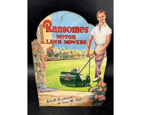 A Ransomes Motor Lawn Mowers 'You'll be proud to own the best!' advertising standing showcard display depicting a gentleman s
