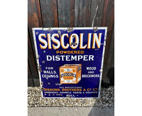 A Siscolin Powdered Distemper enamel advertsing sign for Sissons Brothers of Hull, rare pictorial sign mounted on board, 33 x