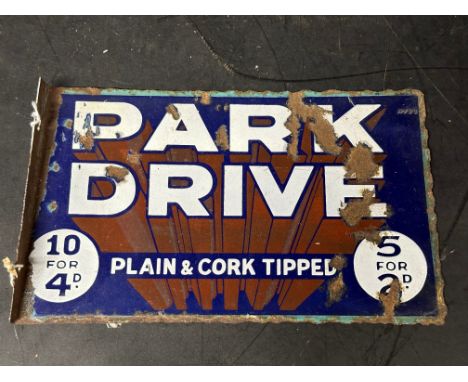 A Park Drive cigarettes double sided enamel advertising sign with hanging flange, 11 1/2 x 7".