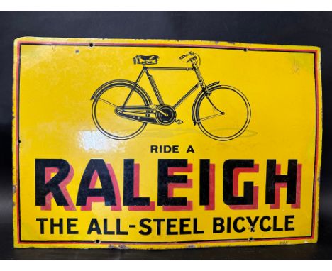 A Raleigh The All-Steel Bicycle pictorial enamel advertising sign, some touching up restoration, 24 x 16".