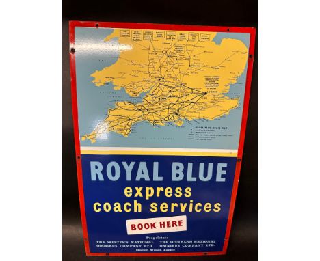 A Royal Blue Express Coach Services Exeter booking office enamel advertising sign with route map to top half of sign, excelle