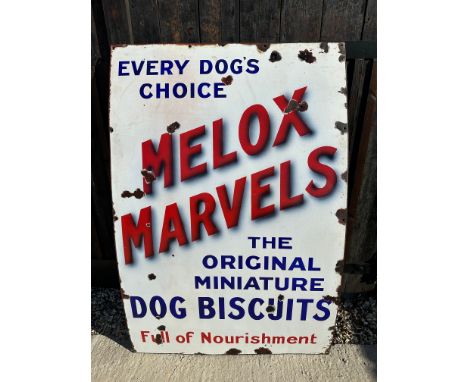 A large Melox Marvels Dog Biscuits enamel advertising sign, 40 x 59 3/4".