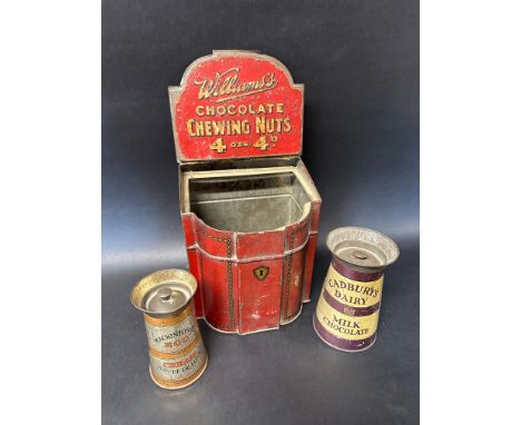 A Williams's Ltd. of Bootle, Liverpool Chocolate Chewing Nuts counter top dispensing tin, 8" tall, a Mackintosh's Egg and Cre