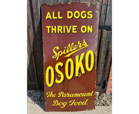 A large Spillers Osoko Dog Food enamel advertising sign, 36 x 72".