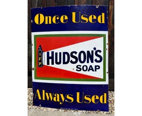 A large Hudson's Soap 'Once Used Always Used' enamel advertising sign, in very good condition, by Patent Enamel Company B'Ham