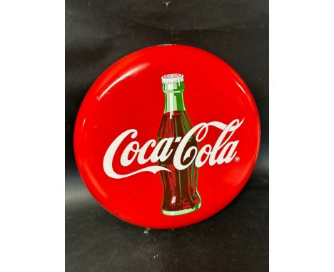 A circa 1990 Coca-Cola enamel button advertising sign, 18 1/4" diameter.
