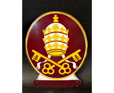 A very rare Vatican City Pope Papal insignia enamel vehicle sign, 9 1/2 x 7".