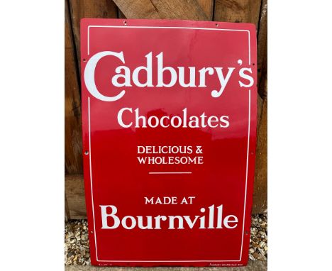An exceptional example of a Cadbury's Chocolates made by Bournville enamel advertising sign, 24 x 36", outstanding gloss, att