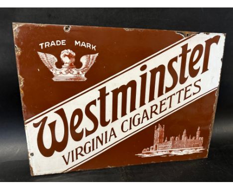 A Westminster Virginia Cigarettes pictorial double sided enamel advertising sign (lacking hanging flange) depicting Westminst