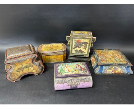 Five shaped biscuit tins including Huntley &amp; Palmers (x2), Mackenzie &amp; Mackenzie, W. Dunmore &amp; Sons, C.W.S Crumps