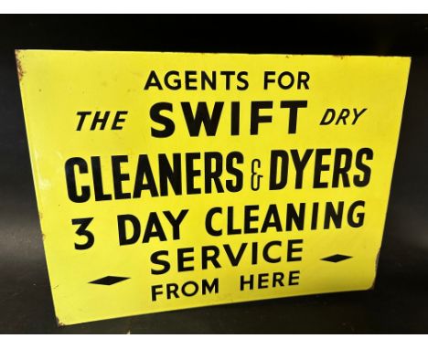 A Swift Dry Cleaners and Dyers double sided enamel advertising sign with hanging flange, 17 x 12 1/2".