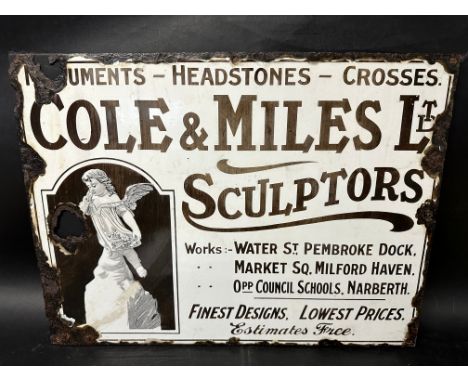 A Cole &amp; Miles Ltd. Sculptors enamel advertising sign for monuments, headstones and crosses, listing works addresses at P