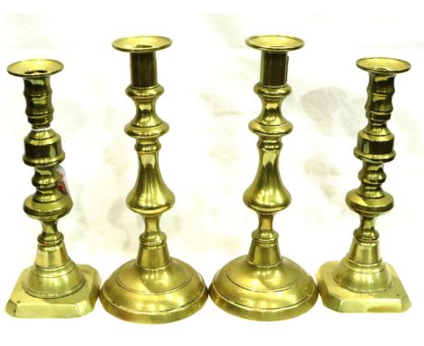 Two pairs of Victorian brass candlesticks with pushers, largest H: 28 cm. P&amp;P Group 2 (£18+VAT for the first lot and £3+V