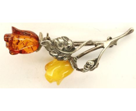 Boxed 925 silver and amber rose brooch, L: 60 mm. P&amp;P Group 1 (£14+VAT for the first lot and £1+VAT for subsequent lots) 