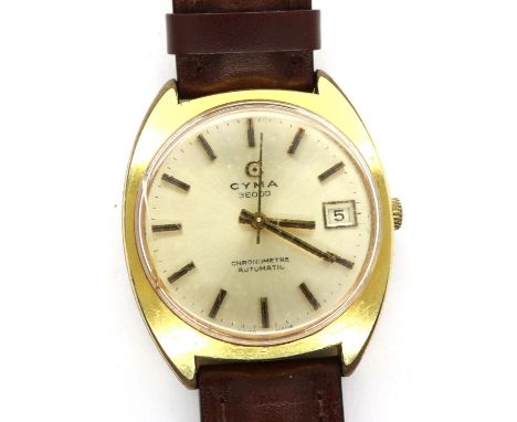 CYMA: 36000 gents automatic chronometer wristwatch, with date aperture on a brown leather strap, working at lotting. P&amp;P 