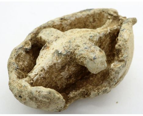 Christian lead relic, cruciform lead vessel, L: 35 mm. P&amp;P Group 0 (£5+VAT for the first lot and £1+VAT for subsequent lo
