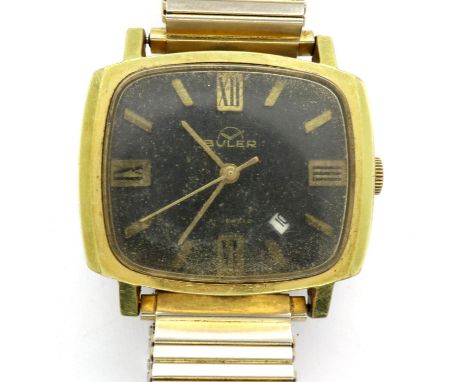 BULER: gents manual wind wristwatch, with rectangular black dial, date aperture and expanding steel bracelet, working at lott