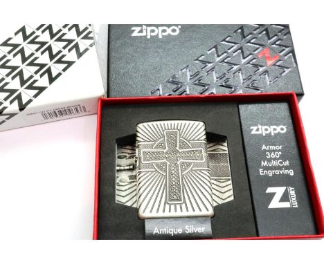 Zippo: new boxed windproof lighter, Armour Celtic Cross Design, antique silver finish, number 29667. P&amp;P Group 1 (£14+VAT