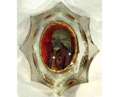 Glass Georgian open salt with hand painted portrait of a young gentleman, small nibble to rim and centre, L: 70 mm. P&amp;P G