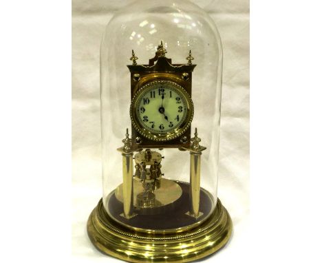 Lacquered brass anniversary clock beneath a glass dome, with enamel dial and Angemeldet movement, H: 27 cm, not working at lo