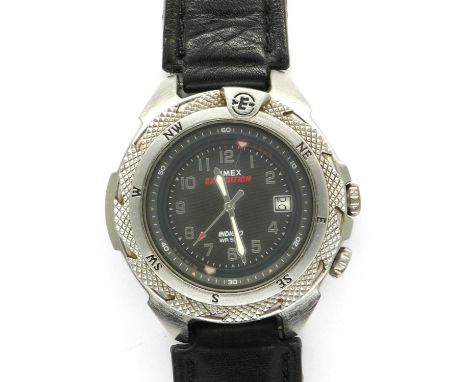 TIMEX: EXPEDITION INDIGLO gents divers style quartz wristwatch, with circular black dial, date aperture and black leather str