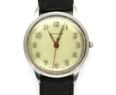 GARRARD: gents steel cased manual wind wristwatch, with circular silvered dial on a black leather strap, dated 1966 by inscri