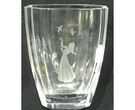 Etched glass vase with lady and floral design, H: 14 cm, signed to base (signature indistinct). P&amp;P Group 2 (£18+VAT for 