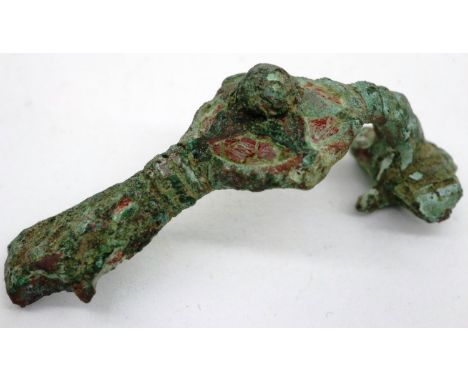 Ornate Roman fibula with enamel intact, upper class citizen use, L: 43 mm. P&amp;P Group 0 (£5+VAT for the first lot and £1+V