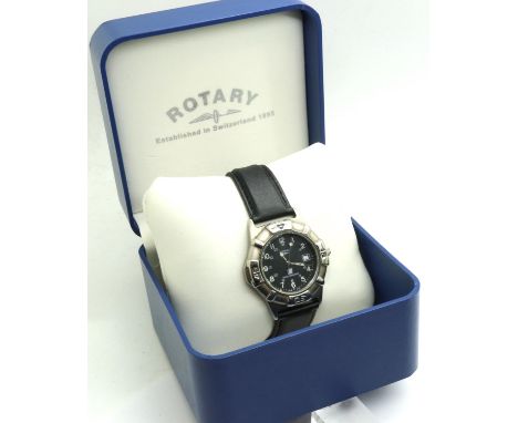 ROTARY: SWISS COMMANDO gents quartz wristwatch, with circular black dial, date aperture and black leather strap, boxed, worki