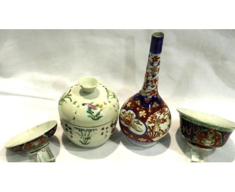 19th century Oriental ceramics, including a covered bowl, bottle vase etc, largest H: 19 cm, some faults (4). P&amp;P Group 3