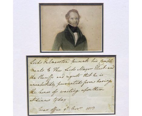 Handwritten letter from Lord Palmeston, Lord Palmeston presents his compliments to The Lord Mayor elects, and the Sheriff and