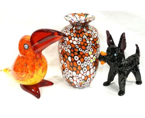 Franco Moretti (b. 1950) Murano blown glass toucan with inscribed signature to base, together with a dog and a millefiori vas