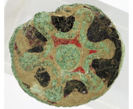 Early Saxon wheel badge/lapel, some enamel intact with bronze back, D: 20 mm. P&amp;P Group 0 (£5+VAT for the first lot and £