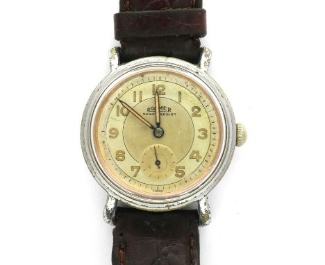 ROAMER: Brevete gents steel cased manual wind wristwatch, with circular silvered dial with subsidiary seconds dial on a black
