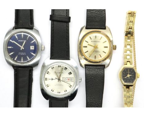 Three gents manual wind wristwatches, MONTINE, SUPEROMA and ASIEKON, together with a SANTIMA ladies watch, all working at lot