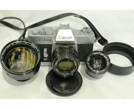 Canon EXEE camera with Canon lens EX 125mm, a further lens and a carry bag. P&amp;P Group 2 (£18+VAT for the first lot and £3