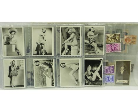 Collection of mixed cigarette cards stamps and postcards, including London Olympic mint stamps 1948 and set of 44 Ardath real