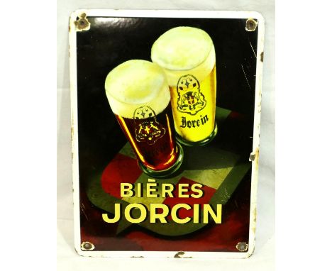 Bieres Jorcin enamel sign, 38 x 28 cm. P&amp;P Group 1 (£14+VAT for the first lot and £1+VAT for subsequent lots) 