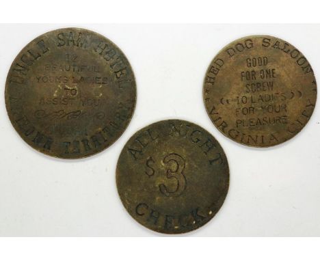 Three American brass tokens, Virginia City, Fort Laramie and Arizona. P&amp;P Group 1 (£14+VAT for the first lot and £1+VAT f