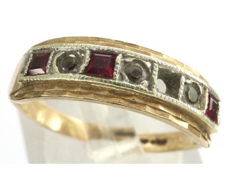 9ct gold half eternity ring set with rubies and topaz, size L, one stone missing, 2.4g. P&amp;P Group 1 (£14+VAT for the firs