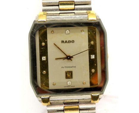 RADO: gents automatic tank style wristwatch, with rectangular two-tone silver and gold dial, date aperture and bi-metal steel