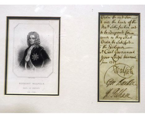 Robert Walpole, George Baillie and Henry Pelham signature with a print of Robert Walpole, 40 x 30 cm. P&amp;P Group 2 (£18+VA