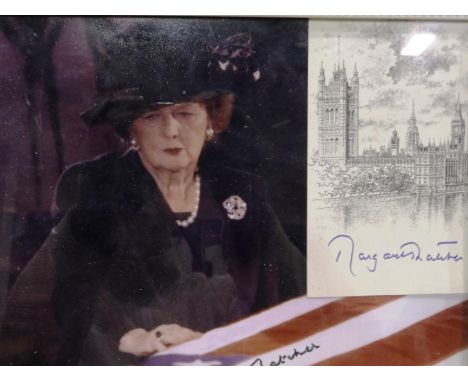 Margaret Thatcher signed picture from Ronald Reagans funeral and a further signed House of Commons card. P&amp;P Group 1 (£14
