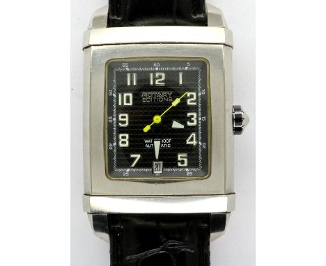 ROTARY: Editions Series 400 gents automatic wristwatch, with rectangular black dial, date aperture and black leather strap, w