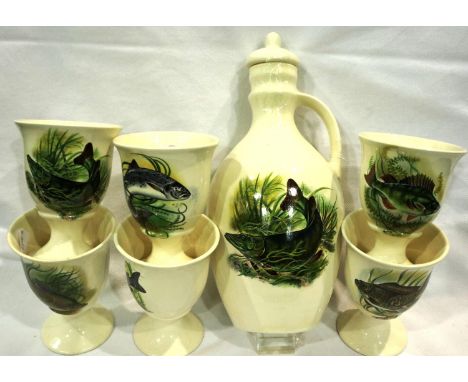 1970s Welsh Studio Pottery fish decorated wine set with jug decanter and six goblets. Jug H: 31 cm, goblet H: 12 cm. No crack