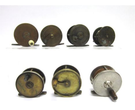 A GROUP OF MOSTLY BRASS FISHING REELS one stamped S. Allcock & Co Ltd, Redditch, one R. Ramsbottom, Manchester, the rest unma